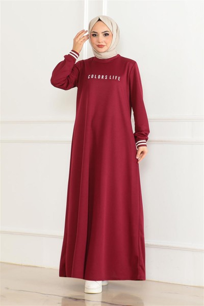 Ribanalı Baskılı Elbise BORDO - Thumbnail