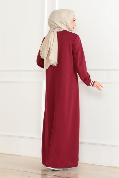 Ribanalı Baskılı Elbise BORDO - Thumbnail
