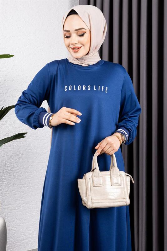 Ribanalı Baskılı Elbise İNDİGO - 3