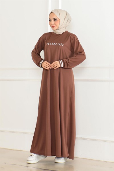 Ribanalı Baskılı Elbise KAHVERENGİ - Thumbnail