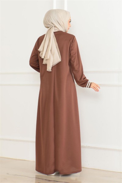 Ribanalı Baskılı Elbise KAHVERENGİ - Thumbnail