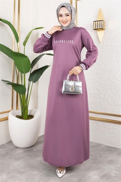 Ribanalı Baskılı Elbise LİLA - Thumbnail