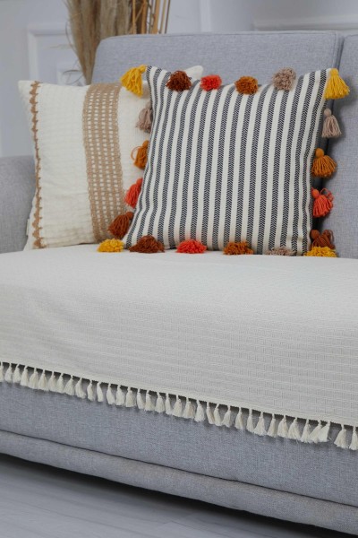 Fringed Çizgin Textured 3-Seat Sofa Cover, KO-24 Cream - Thumbnail
