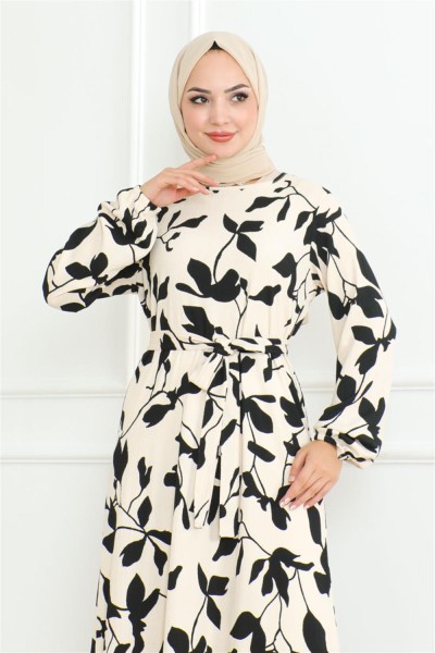 Samara Tesettür Elbise EKRU - Thumbnail