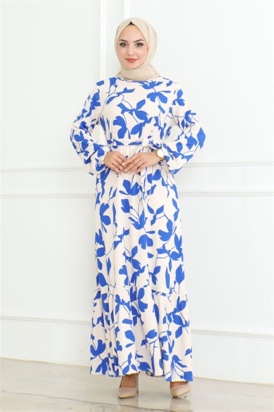 Samara Tesettür Elbise SAKS MAVİSİ - Thumbnail