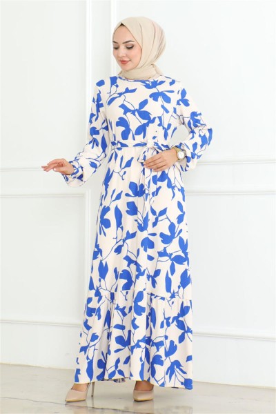 Samara Tesettür Elbise SAKS MAVİSİ - Thumbnail