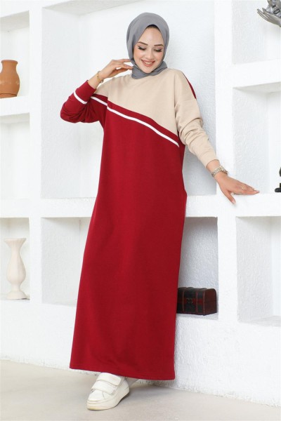 Şerit Detaylı Spor Elbise BORDO - Thumbnail