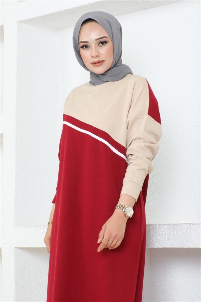 Şerit Detaylı Spor Elbise BORDO - Thumbnail