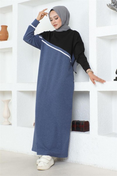 Şerit Detaylı Spor Elbise İNDİGO - Thumbnail