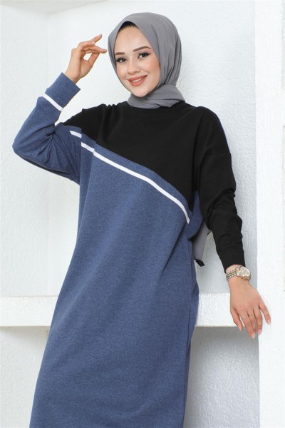 Şerit Detaylı Spor Elbise İNDİGO - Thumbnail