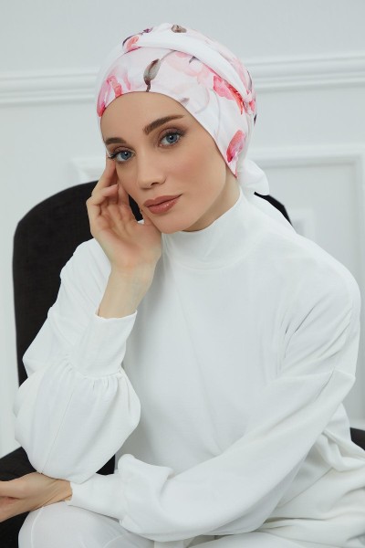 Moda Çizgi - Şifon Kuşaklı Desenli Penye Bone,B-24YD Desen 26 - Beyaz