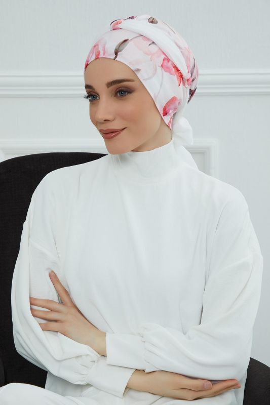 Şifon Kuşaklı Desenli Penye Bone,B-24YD Desen 26 - Beyaz - 2