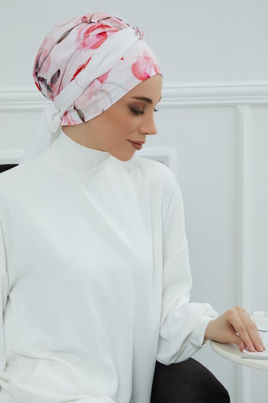 Şifon Kuşaklı Desenli Penye Bone,B-24YD Desen 26 - Beyaz - 3