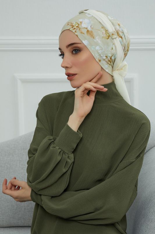 Şifon Kuşaklı Desenli Penye Bone,B-24YD Desen 27 - Krem - 2