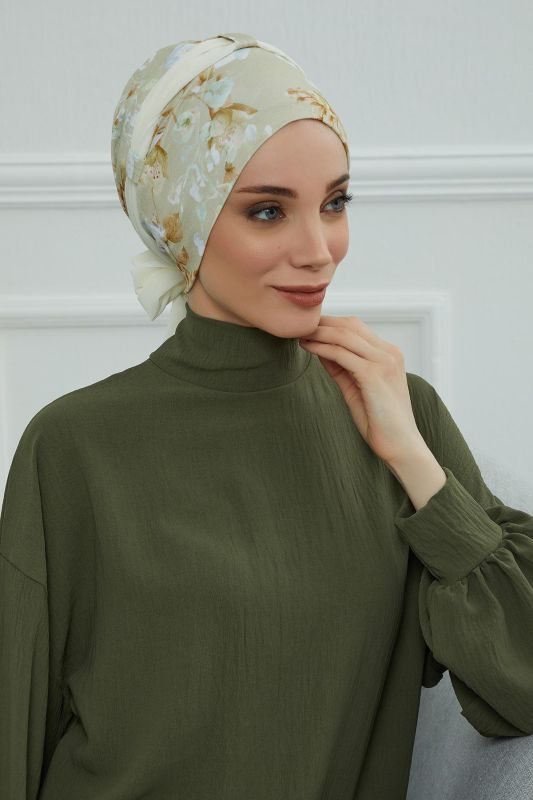 Şifon Kuşaklı Desenli Penye Bone,B-24YD Desen 27 - Krem - 3