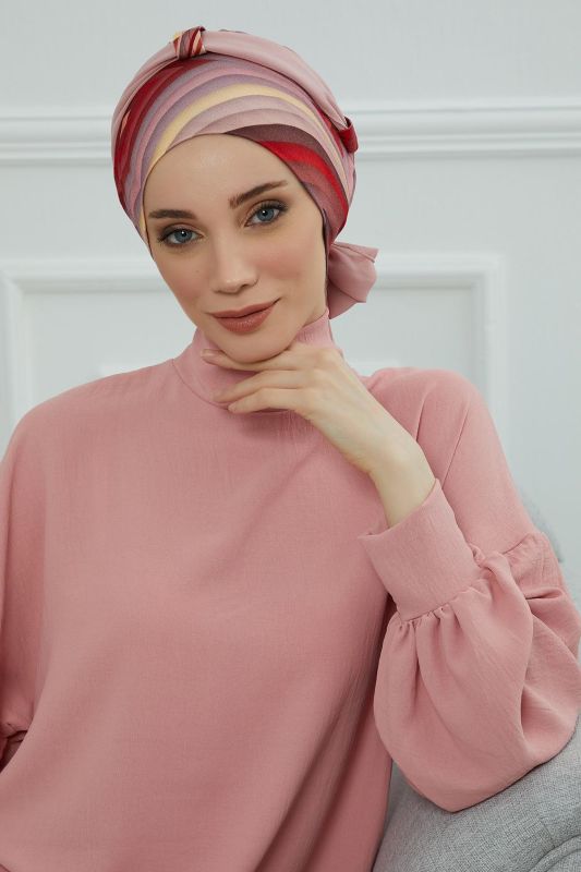 Şifon Kuşaklı Desenli Penye Bone,B-24YD Desen 28 - Pudra - 2