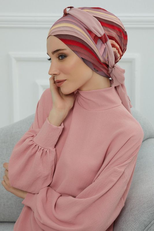 Şifon Kuşaklı Desenli Penye Bone,B-24YD Desen 28 - Pudra - 3