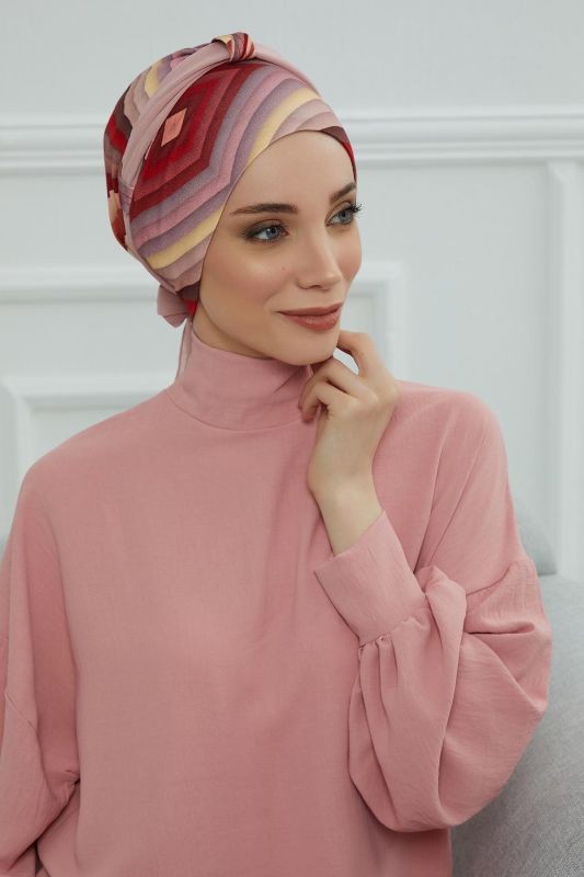 Şifon Kuşaklı Desenli Penye Bone,B-24YD Desen 28 - Pudra - 4