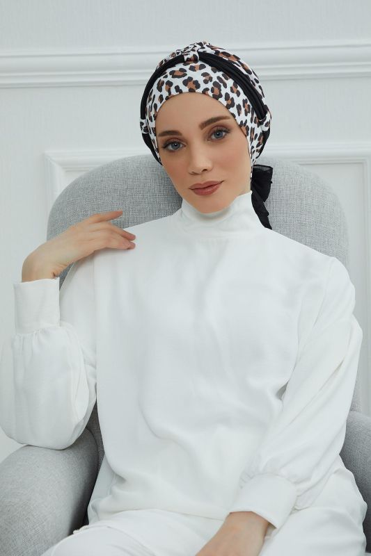 Şifon Kuşaklı Desenli Penye Bone,B-24YD Desen 29 - Siyah - 2