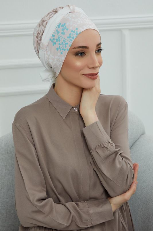 Şifon Kuşaklı Desenli Penye Bone,B-24YD Desen 30 - Beyaz - 1