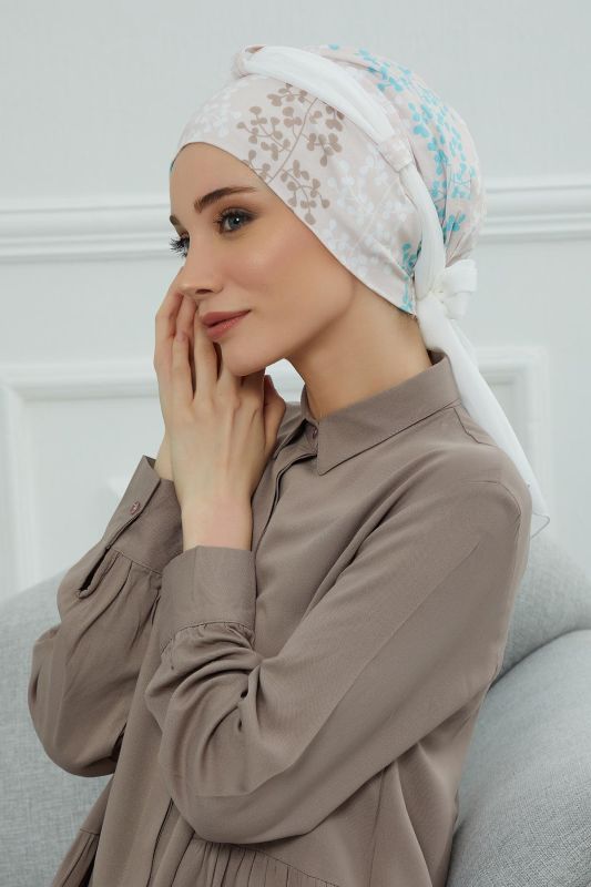Şifon Kuşaklı Desenli Penye Bone,B-24YD Desen 30 - Beyaz - 3