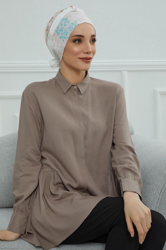 Şifon Kuşaklı Desenli Penye Bone,B-24YD Desen 30 - Beyaz - 4
