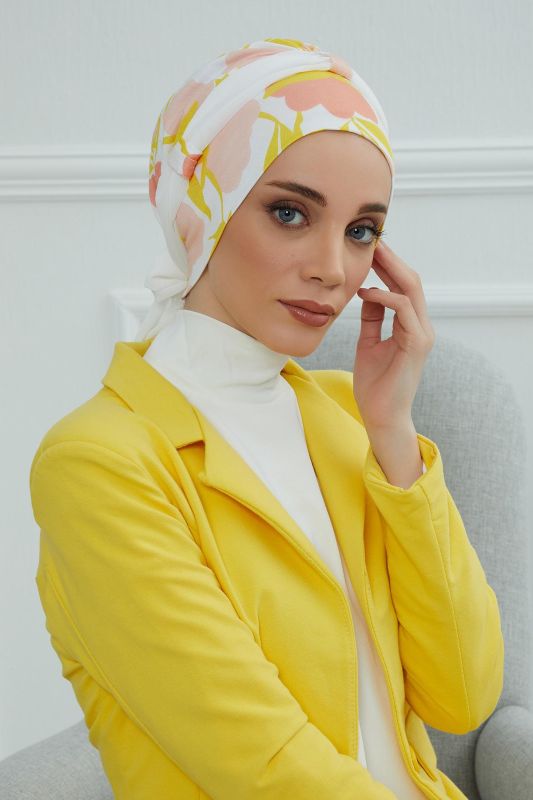 Şifon Kuşaklı Desenli Penye Bone,B-24YD Desen 31 - Beyaz - 1