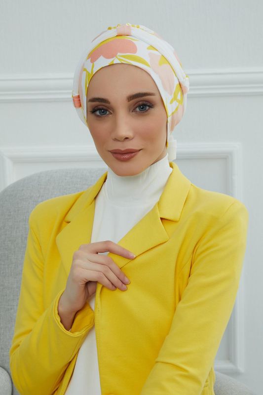 Şifon Kuşaklı Desenli Penye Bone,B-24YD Desen 31 - Beyaz - 2
