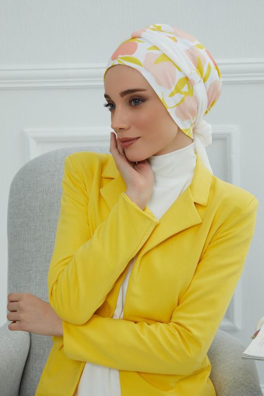 Şifon Kuşaklı Desenli Penye Bone,B-24YD Desen 31 - Beyaz - 3