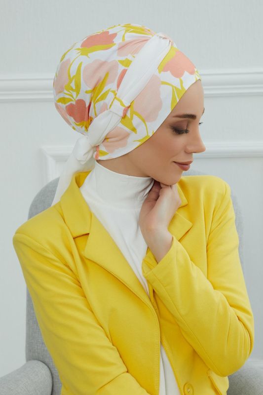 Şifon Kuşaklı Desenli Penye Bone,B-24YD Desen 31 - Beyaz - 4