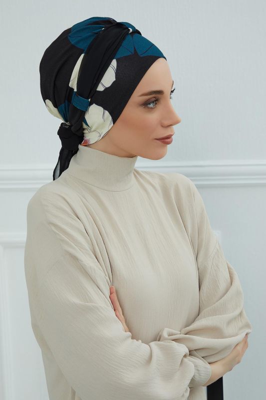 Şifon Kuşaklı Desenli Penye Bone,B-24YD Desen 32 - Siyah - 4