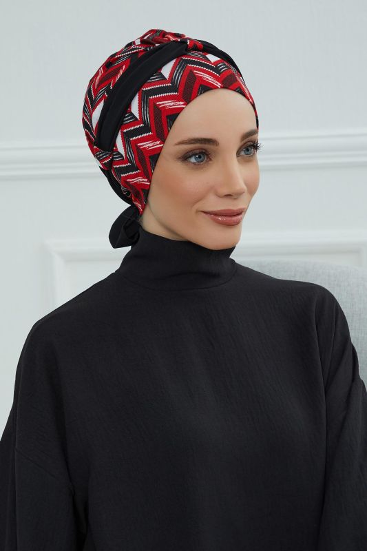 Şifon Kuşaklı Desenli Penye Bone,B-24YD Desen 33 - Siyah - 1