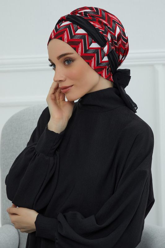 Şifon Kuşaklı Desenli Penye Bone,B-24YD Desen 33 - Siyah - 2