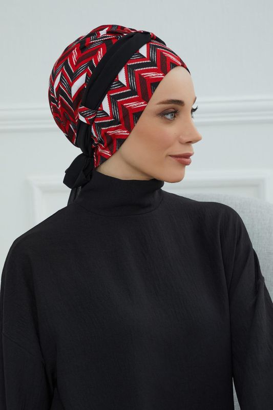 Şifon Kuşaklı Desenli Penye Bone,B-24YD Desen 33 - Siyah - 4