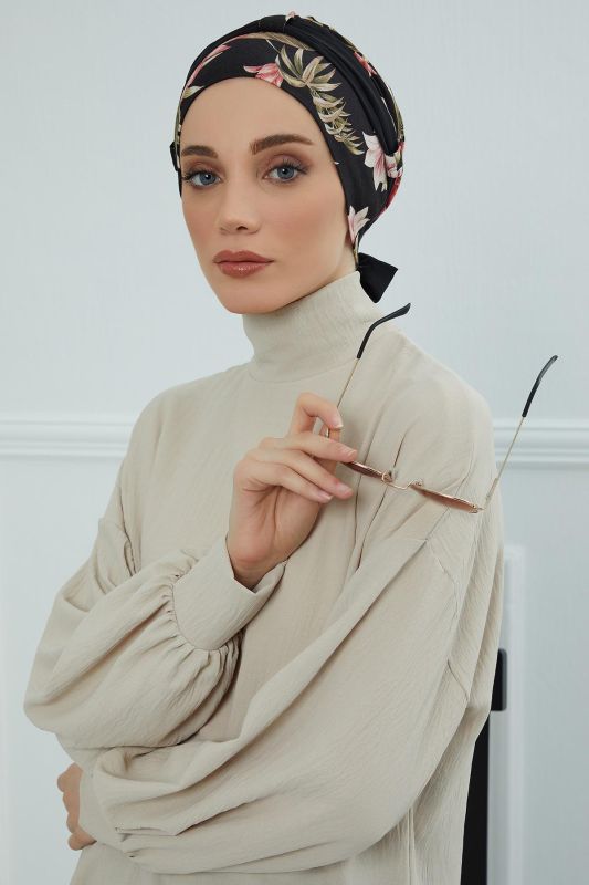 Şifon Kuşaklı Desenli Penye Bone,B-24YD Desen 34 - Siyah - 1