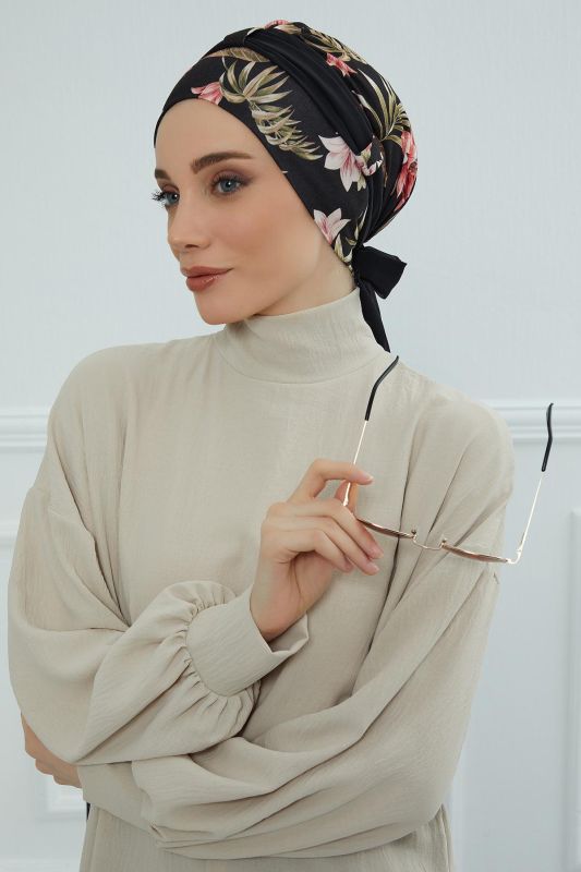 Şifon Kuşaklı Desenli Penye Bone,B-24YD Desen 34 - Siyah - 2