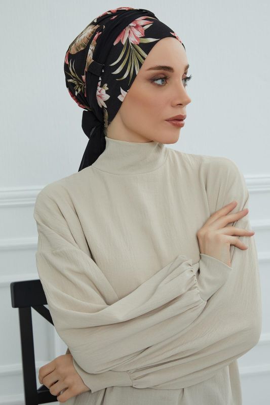 Şifon Kuşaklı Desenli Penye Bone,B-24YD Desen 34 - Siyah - 3