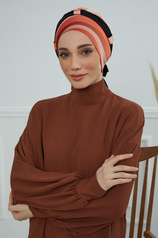 Şifon Kuşaklı Desenli Penye Bone,B-24YD Desen 35 - Siyah - 1