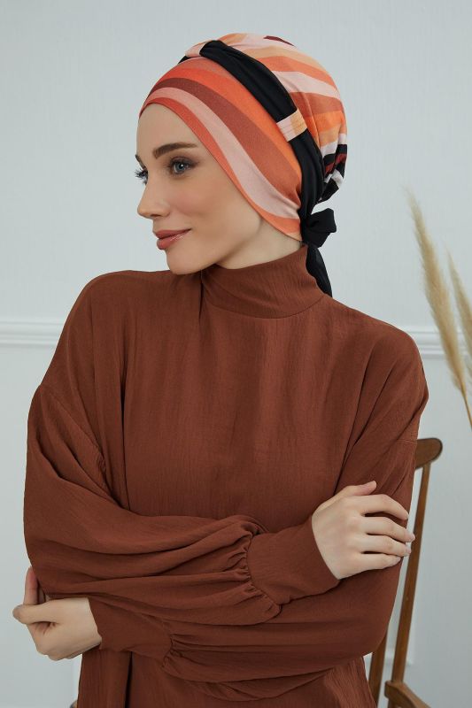 Şifon Kuşaklı Desenli Penye Bone,B-24YD Desen 35 - Siyah - 2