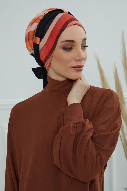Şifon Kuşaklı Desenli Penye Bone,B-24YD Desen 35 - Siyah - 3