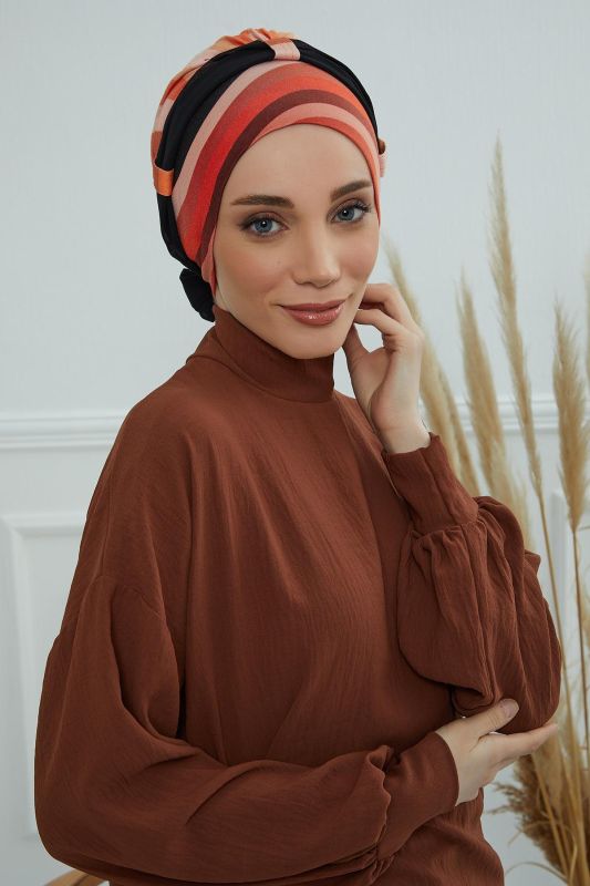 Şifon Kuşaklı Desenli Penye Bone,B-24YD Desen 35 - Siyah - 4