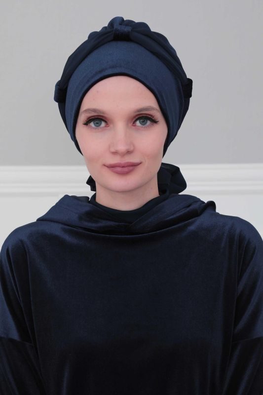 Velvet Bonnet with Chiffon Belt, B-24K Navy Blue - 1