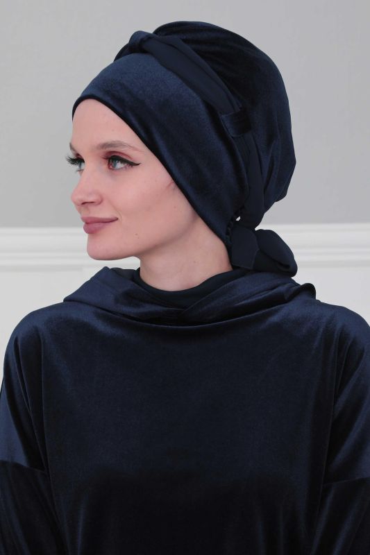 Velvet Bonnet with Chiffon Belt, B-24K Navy Blue - 2