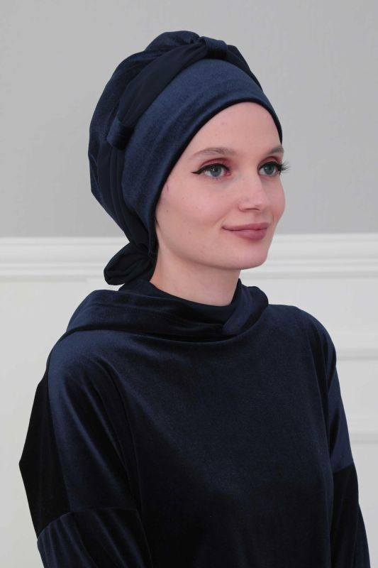 Velvet Bonnet with Chiffon Belt, B-24K Navy Blue - 3