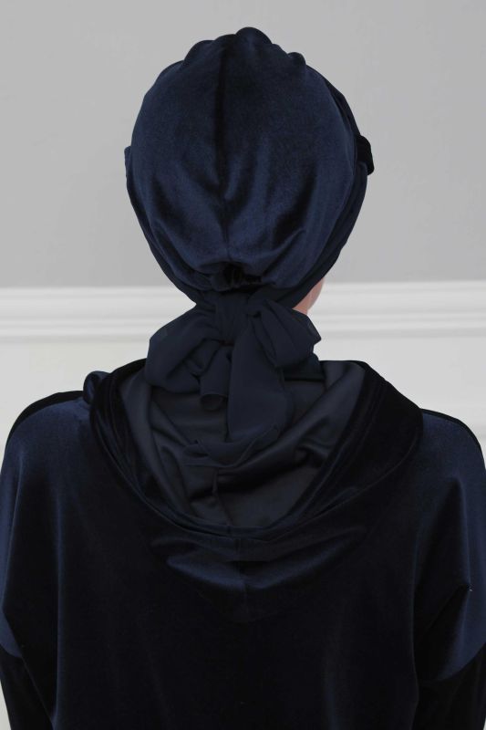 Velvet Bonnet with Chiffon Belt, B-24K Navy Blue - 4