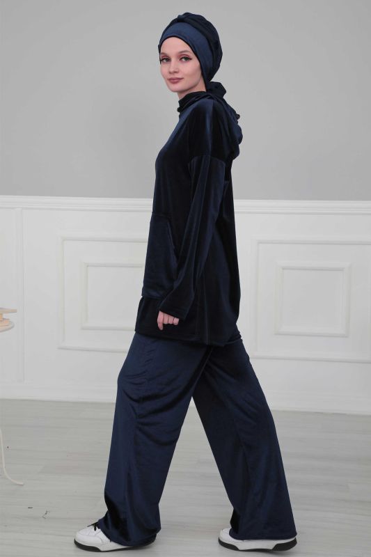 Velvet Bonnet with Chiffon Belt, B-24K Navy Blue - 5