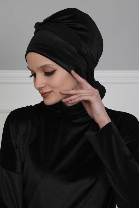 Velvet Bonnet with Chiffon Belt,B-24K Black - 1