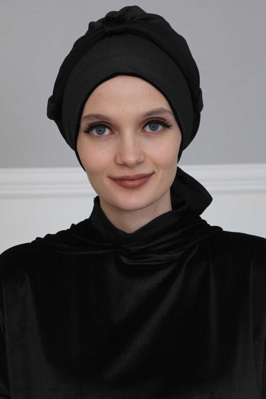Velvet Bonnet with Chiffon Belt,B-24K Black - 2