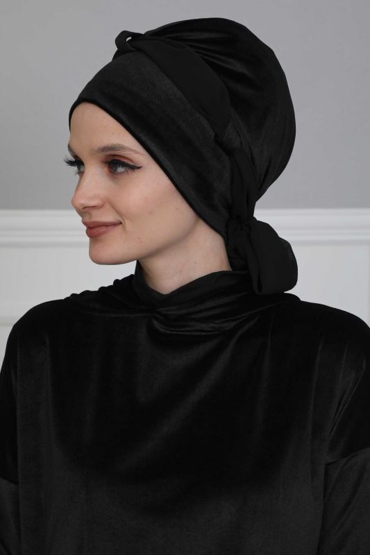 Velvet Bonnet with Chiffon Belt,B-24K Black - 3