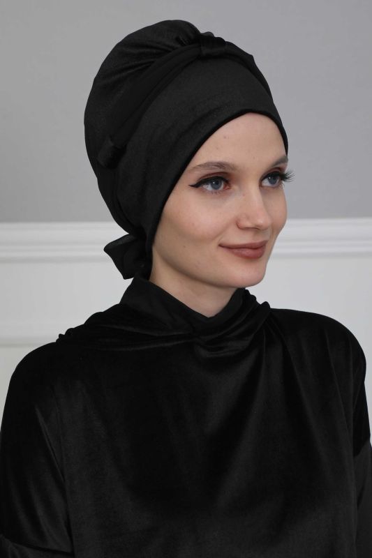 Velvet Bonnet with Chiffon Belt,B-24K Black - 4